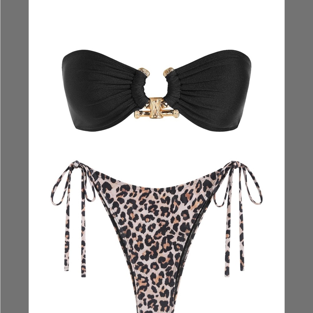 Black and Leopard Print Bikini Set